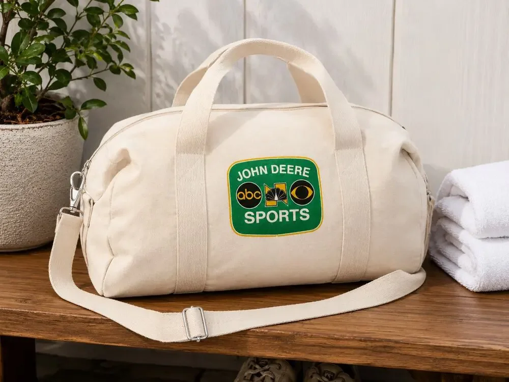 John Deere ABC NBC CBS Sports Vintage Canvas Duffel Gym Travel Bag Cream 16x12